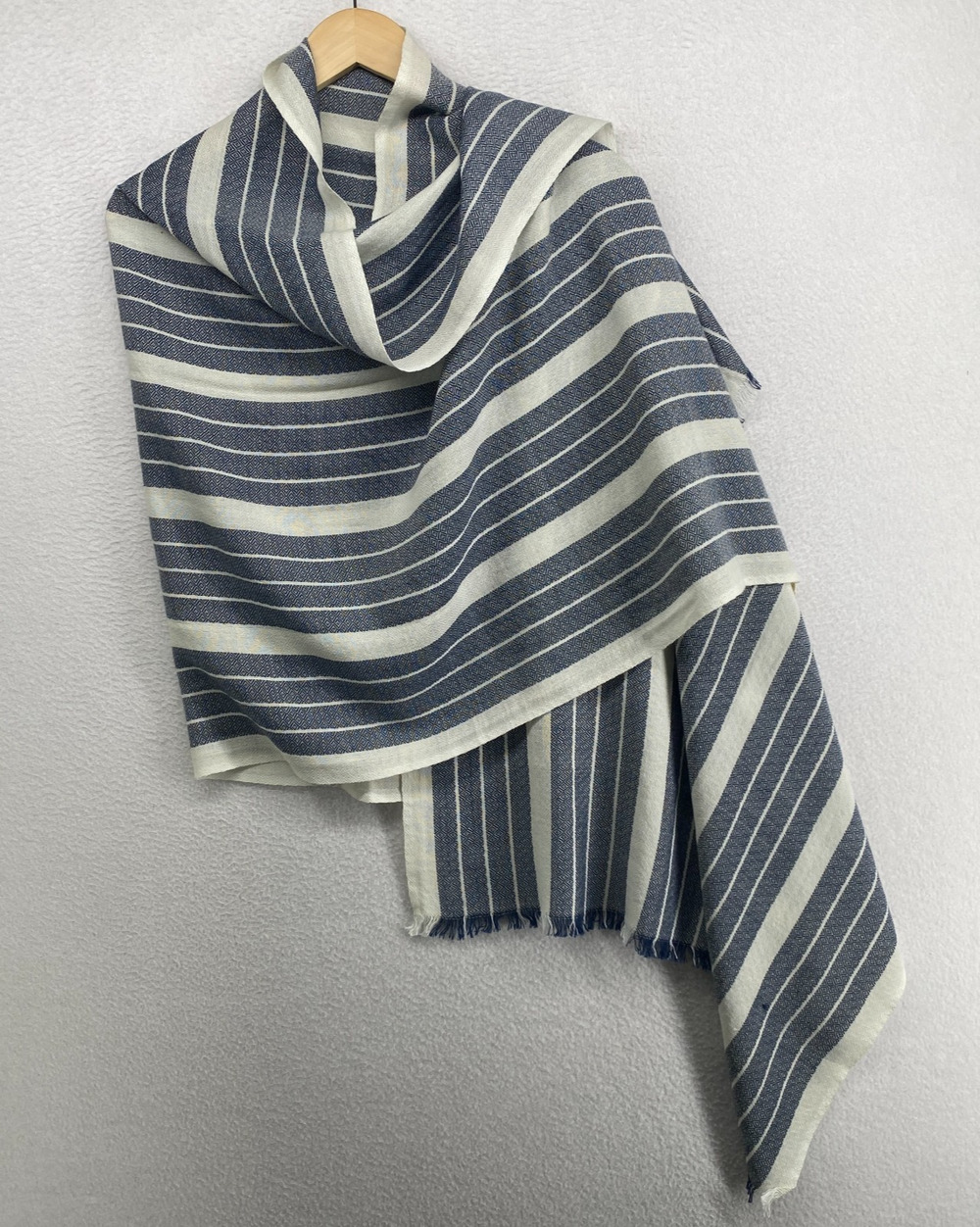 EILEEN FISHER Scarf Cotton Wool Striped Shawl Wrap Blue 28x72"